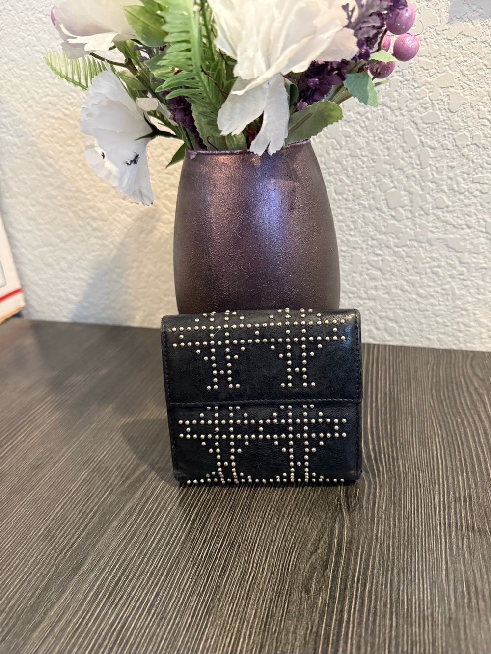 Christian Dior, black leather, studded, compact wallet.